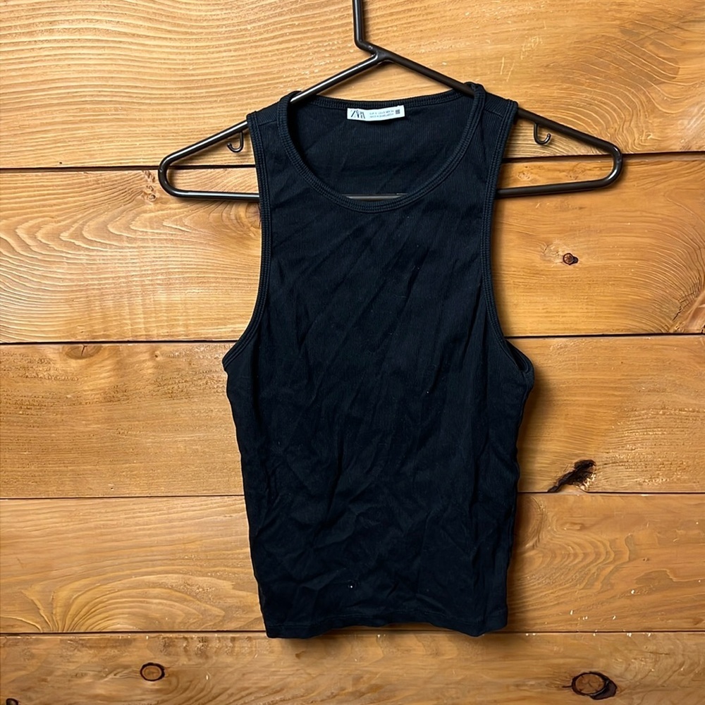 Zara Tank Top Shirt Women Small Black ribbed Round‎ Neck Sleeveless Stretch yoga